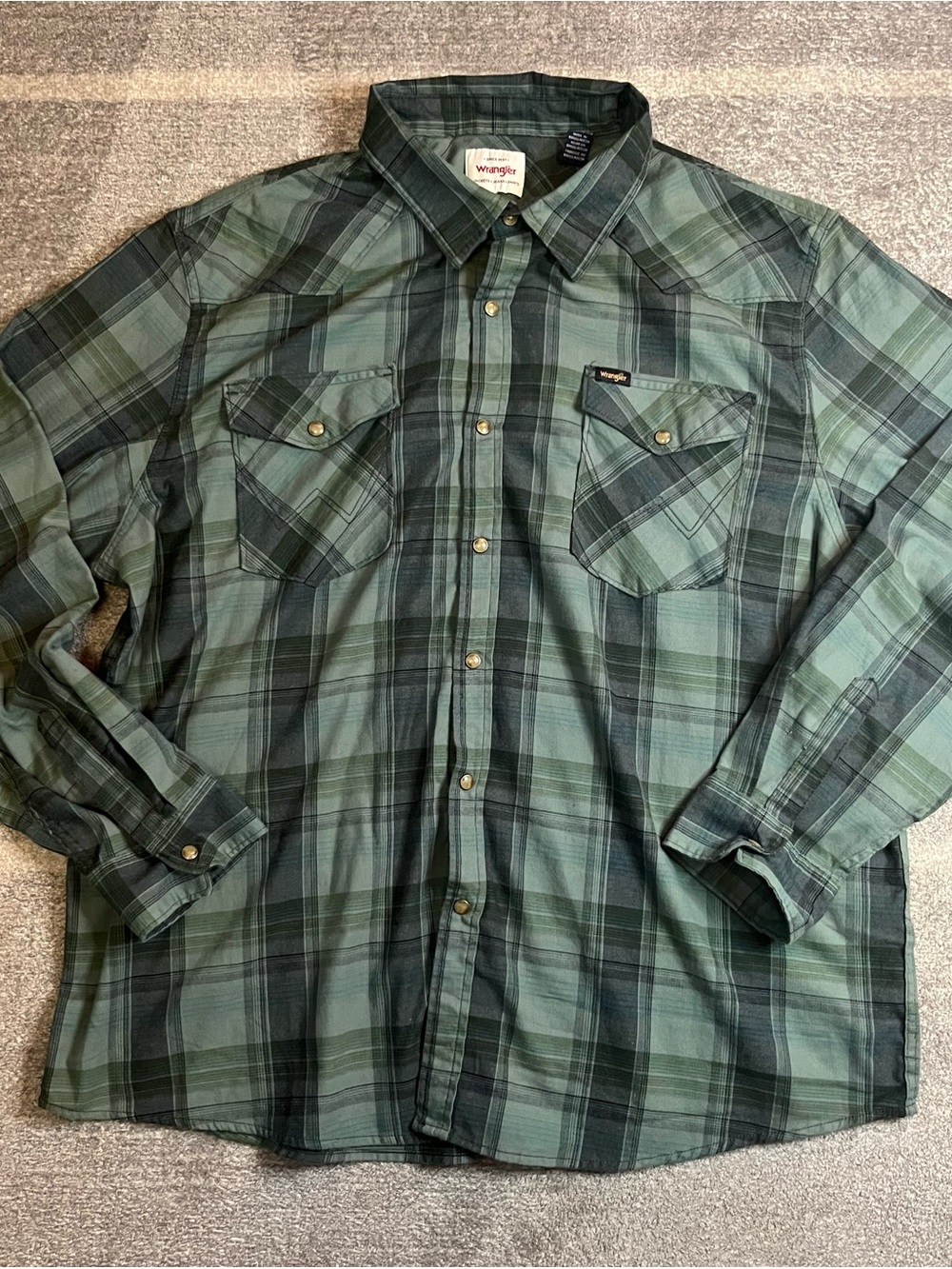 Wrangler Men's Dark Green Plaid Western Button-Down Shirt Pearl Snaps Cowboy EUC